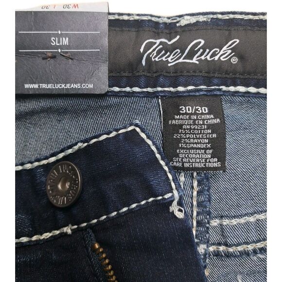 True Luck Jeans Men's 30/30 Slim Fit Classic Stretch Flap Pockets Thick Stitch - Picture 2 of 12